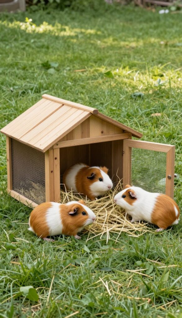 Outdoor guinea pig run with wooden hay hut on grass, guinea pigs enjoying fresh hay and sunlight