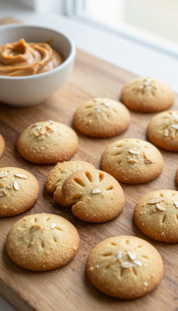Homemade peanut butter and banana mini dog cookies on a wooden surface, ideal for snuffle mat enrichment.