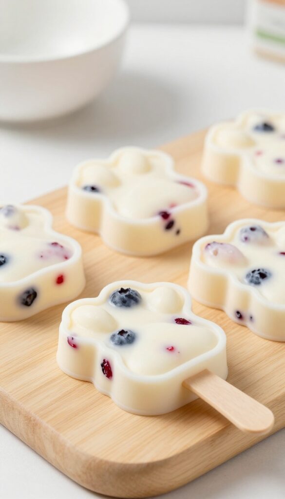 Homemade frozen yogurt berry pops for dogs in silicone paw print molds, a cool summer treat without peanut butter or pumpkin.