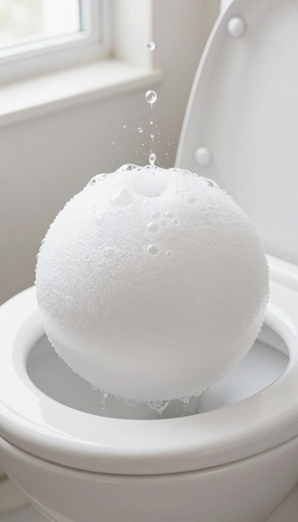 A DIY toilet bomb fizzing in a toilet bowl, cleaning without scrubbing.