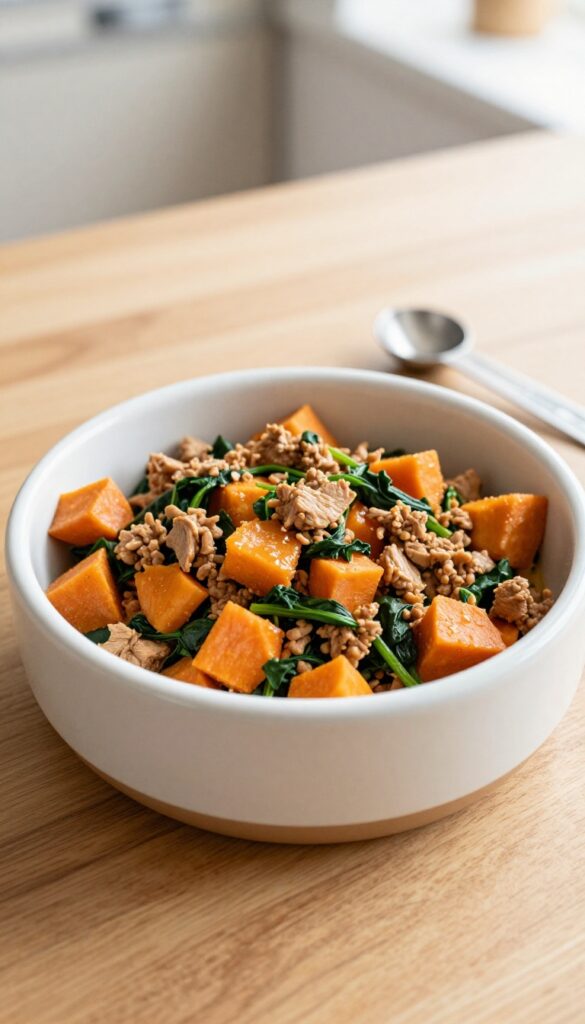 Homemade turkey and sweet potato dog food in a bowl, with spinach and coconut oil, on a wooden table in natural light.