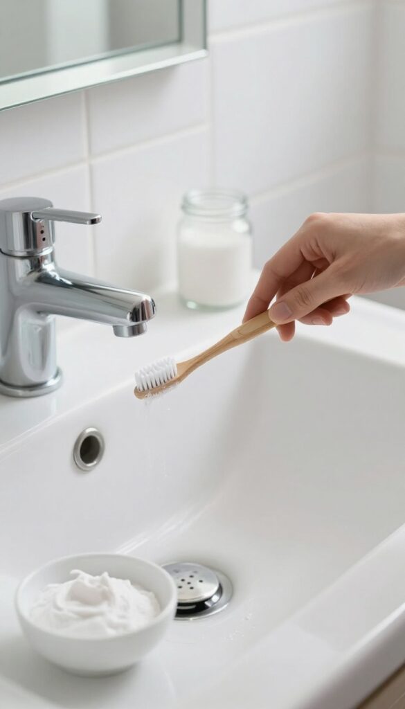 Hand scrubbing faucet base and drain cover with toothbrush in bright bathroom