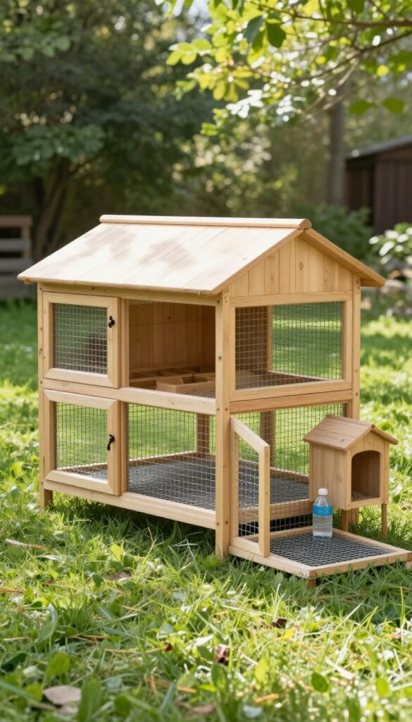 Wooden guinea pig hutch with attached outdoor run on grass, clean and bright natural light