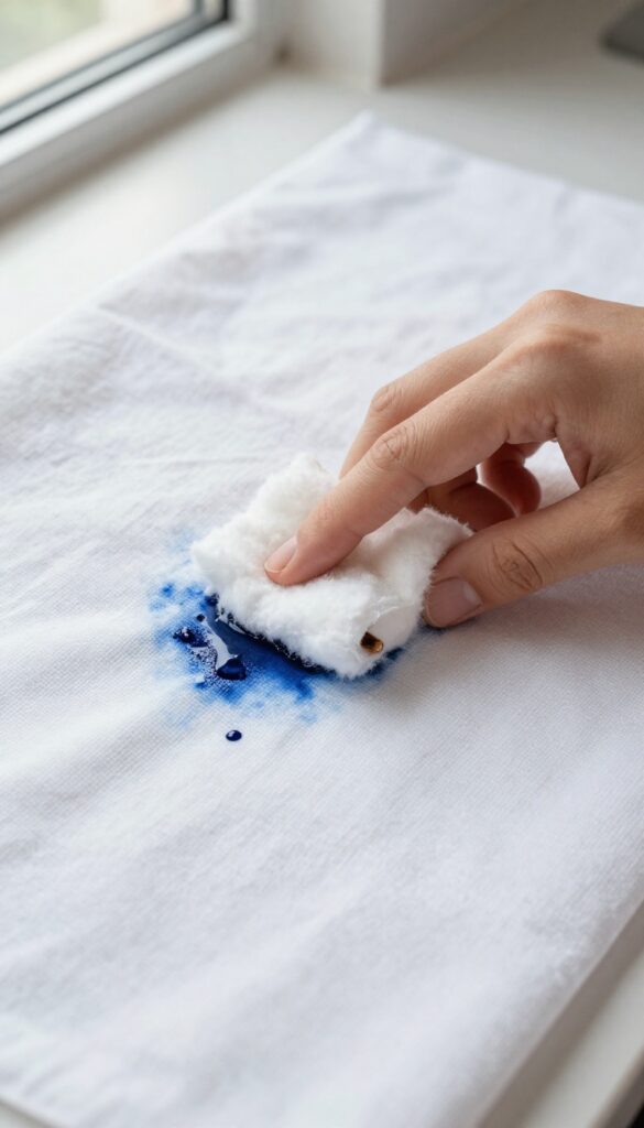 Hand dabbing rubbing alcohol on an ink stain on fabric