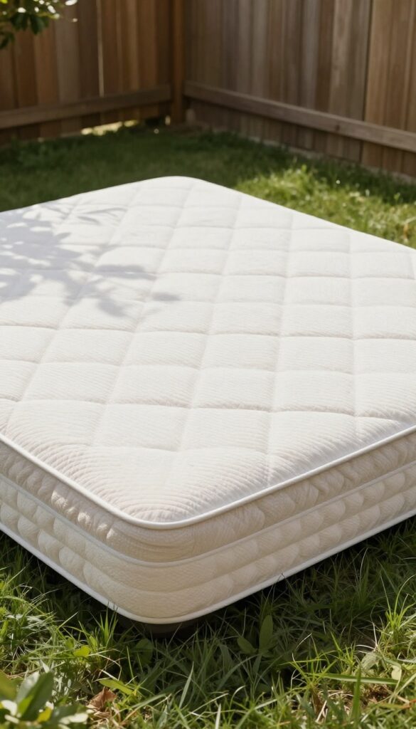 A mattress leaning against a fence in a sunny backyard, airing out on a tarp.