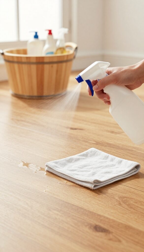 Hand using spray bottle to mist microfiber cloth for controlled dampness on hardwood floor