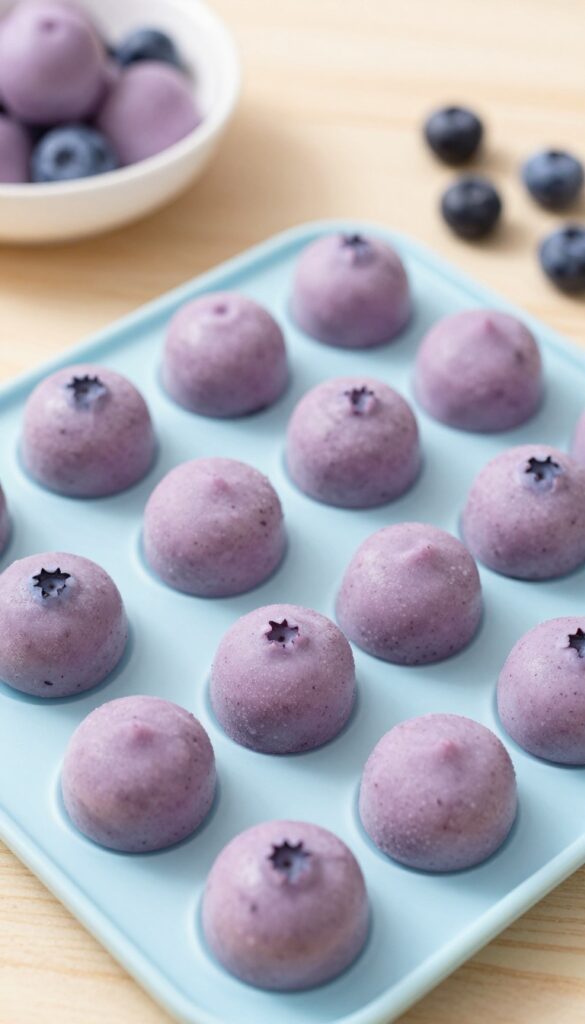 Homemade frozen blueberry yogurt dog treat drops on a silicone mold tray, showing smooth texture and blueberry specks, with a dog bowl and fresh blueberries in the background.