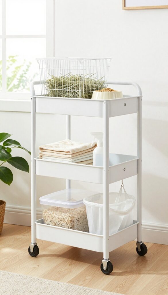 Rolling utility cart with guinea pig supplies, organized with hay, food, and cleaning items, beside a cage in a bright small flat.