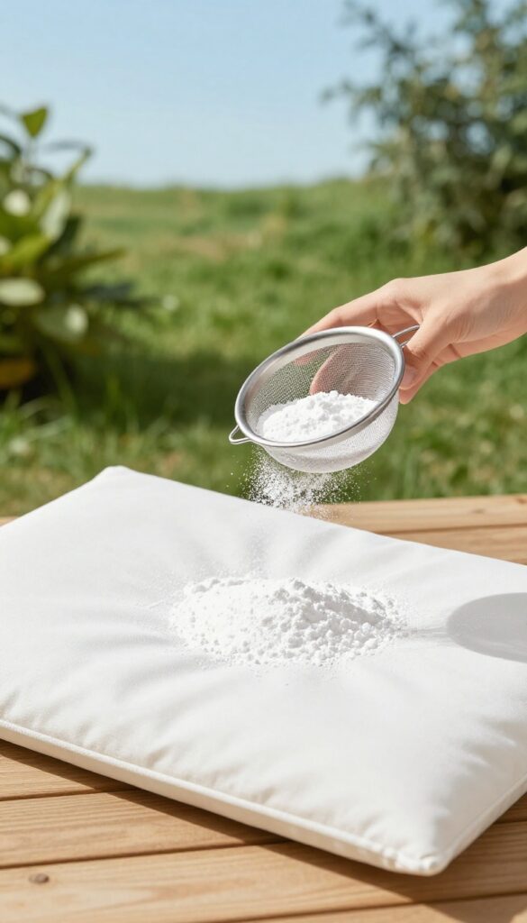 Applying baking soda to an outdoor cushion for deodorizing