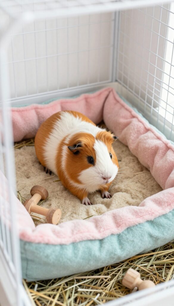 Guinea pig burrowing in soft fleece liner in a clean, bright cage
