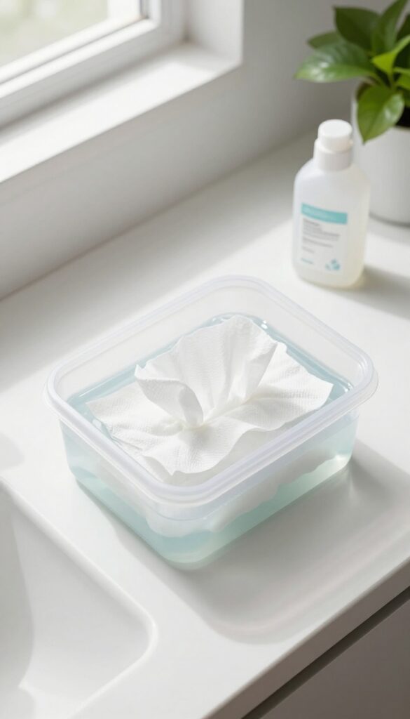 DIY bleach disinfecting wipes in a container on a bathroom counter