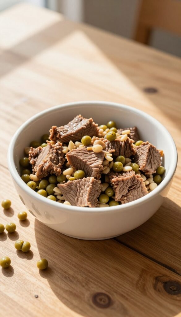 Homemade dog food bowl with beef, barley, and green beans on a wooden table in natural light.