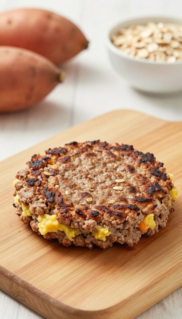 Homemade dog burger patty with beef and sweet potato on a cutting board, natural lighting, dog food photography