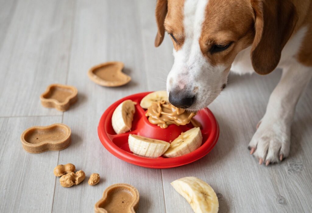 Homemade dog puzzle feeder treat with peanut butter and banana, stuffed in a red Kong toy, with a dog's paw reaching for it.