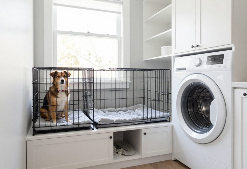 Built-in dog crate in a laundry room with a dog resting inside