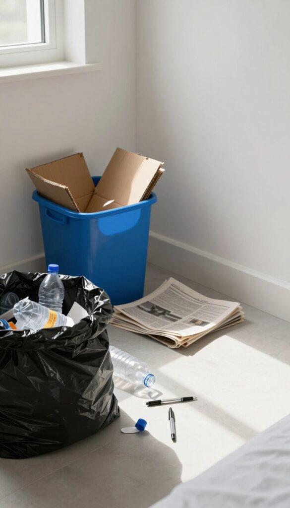 A trash bag and recycling bin in a clean, sunlit bedroom, capturing the process of gathering trash and recycling during room decluttering.