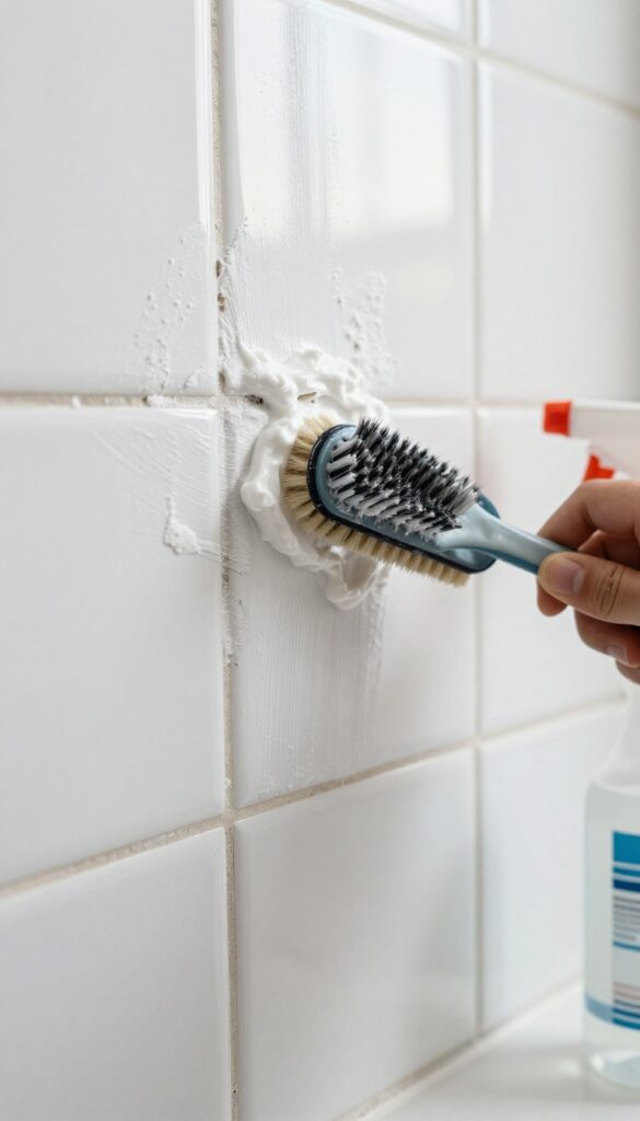 Close-up of scrubbing dirty grout lines with baking soda paste and toothbrush in bright bathroom