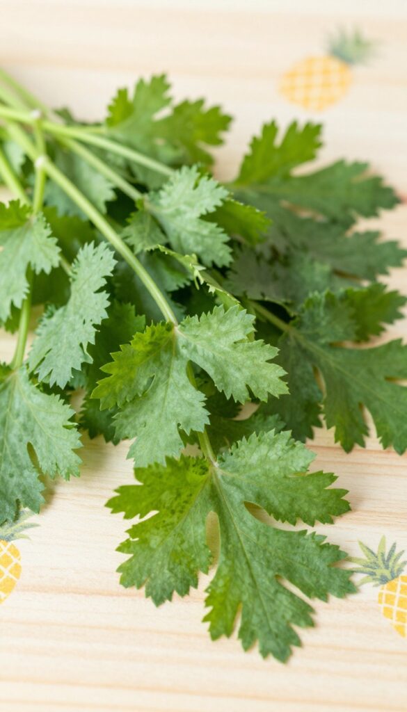 Fresh cilantro sprigs on a wooden table