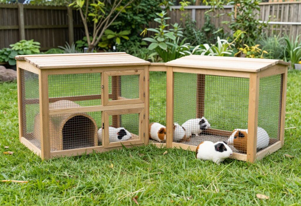 Outdoor guinea pig cage in a backyard with guinea pigs playing on grass