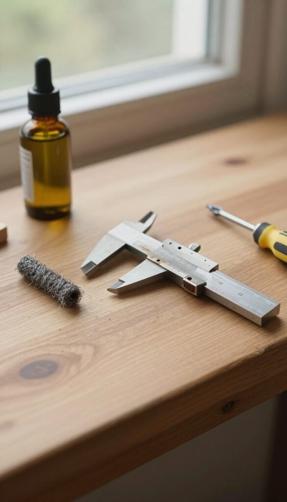 Fine steel wool and oil being used to gently remove rust from delicate metal tools on a wooden workbench.