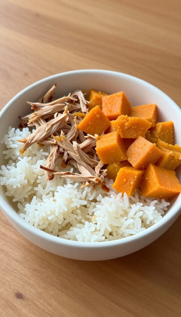 Dog bowl with turkey, rice, sweet potato, and pumpkin puree harvest bowl