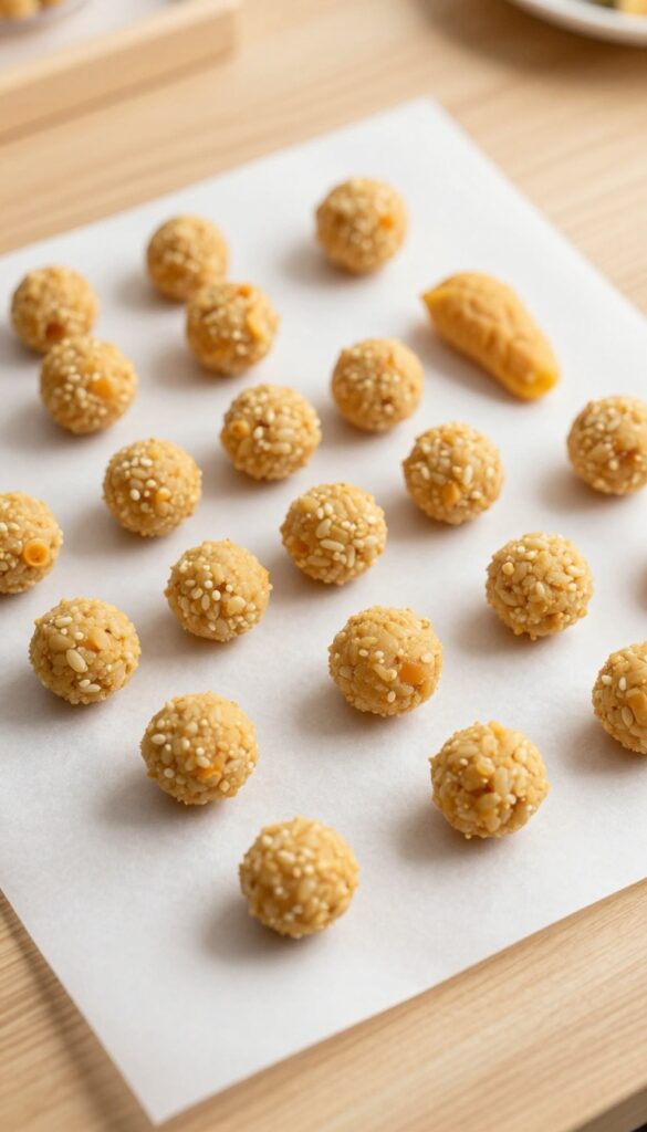 Homemade sweet potato and rice dog treat balls on a parchment-lined tray, bite-sized for small dogs.