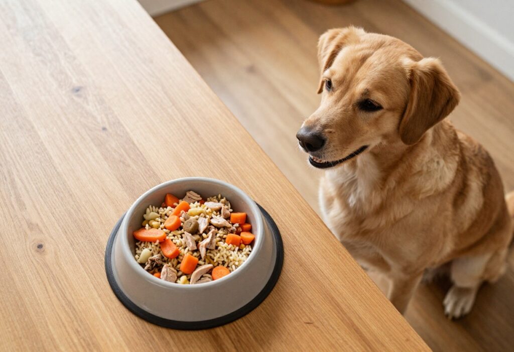 Homemade dog food without sweet potato in a bowl, with a dog waiting eagerly nearby.