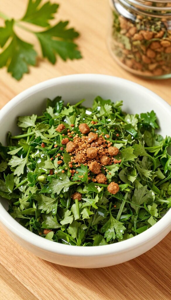 Homemade parsley and coconut oil dog food topper sprinkled over kibble in a bowl on a wooden surface.