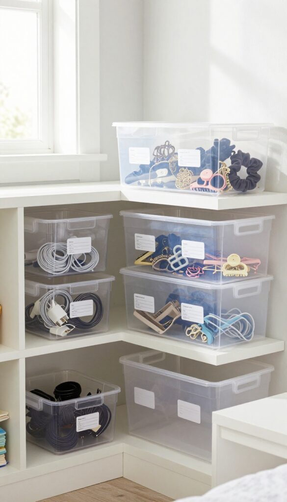 Organized storage bins on a shelf holding small items like cables and hair accessories in a bright, clean bedroom.