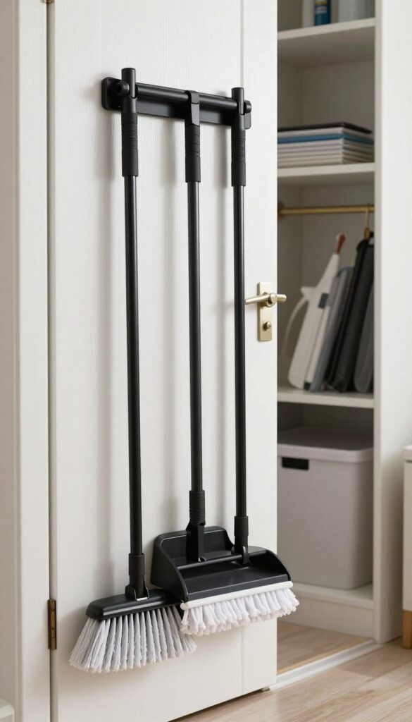 Back of cleaning closet door with over-the-door rack holding brooms and mops vertically, freeing up floor space.