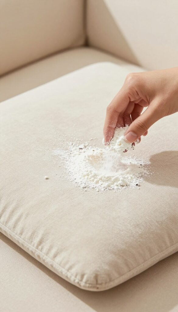 Hand sprinkling cornstarch on a fresh grease spill on a beige microfiber couch cushion