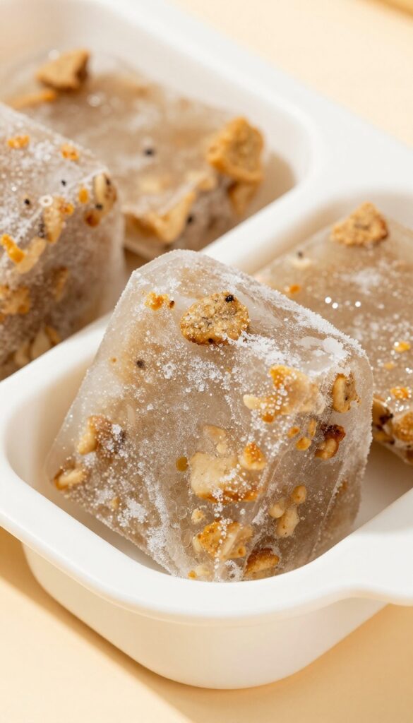 Frozen broth and kibble block in a silicone mold for dogs, slow feeder meal idea