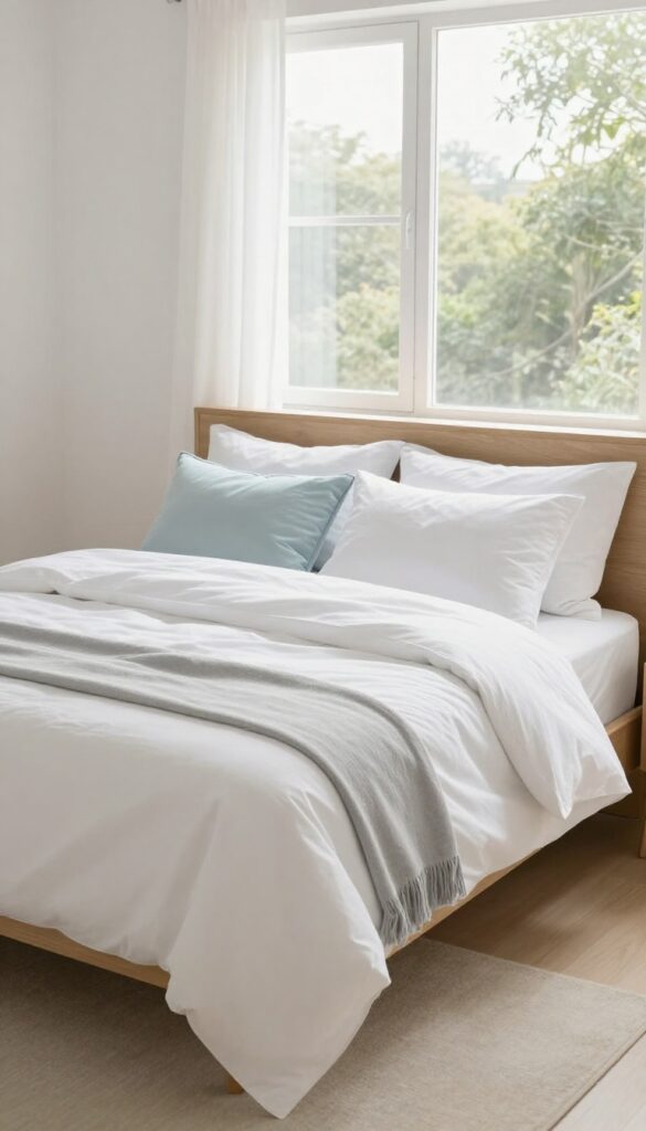 A neatly made bed with fresh white linens and decorative pillows in a bright, clean bedroom