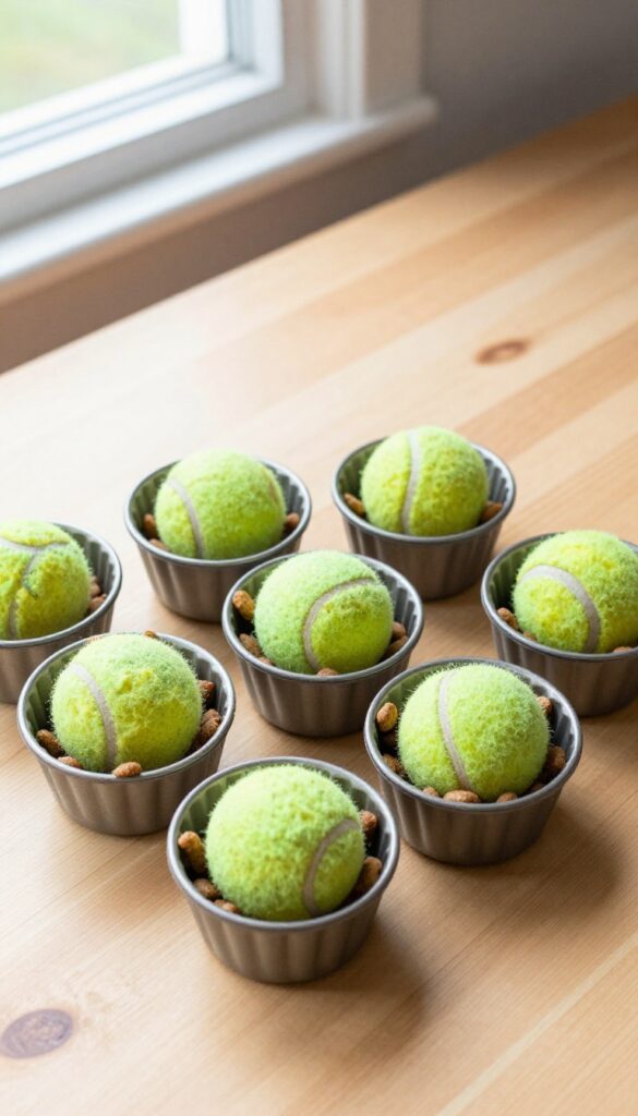 Muffin tin filled with kibble and covered with tennis balls, creating a slow feeder puzzle for dogs.