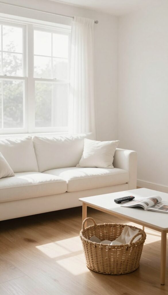 A woven basket on a coffee table holding a remote, magazine, and pillow in a bright, clean living room.
