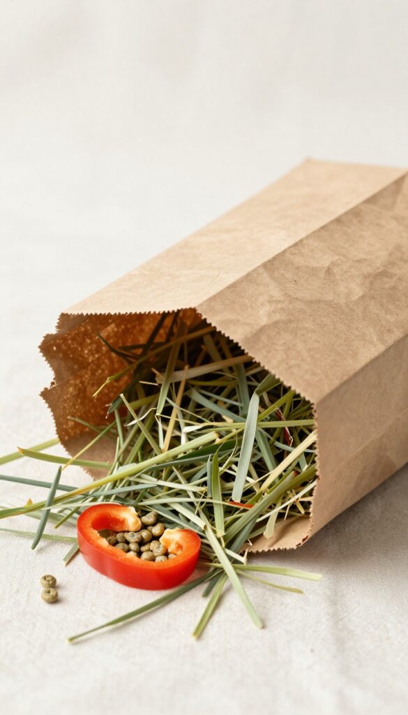 A brown paper bag filled with hay and a slice of bell pepper, set on a soft fabric surface.