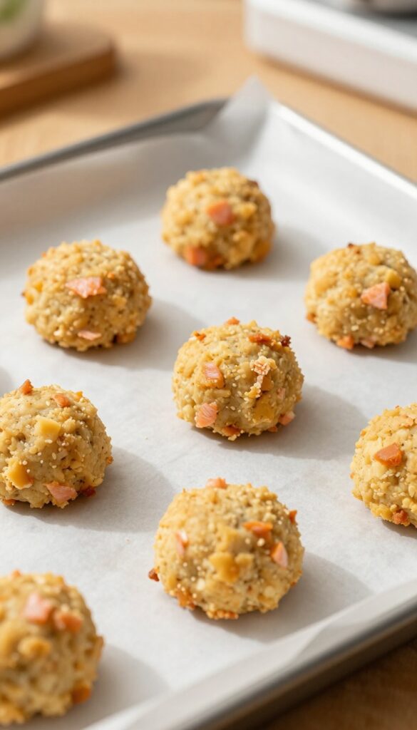 Homemade turnip and salmon dog treats baked golden brown on a parchment-lined baking sheet, natural lighting, overhead view.