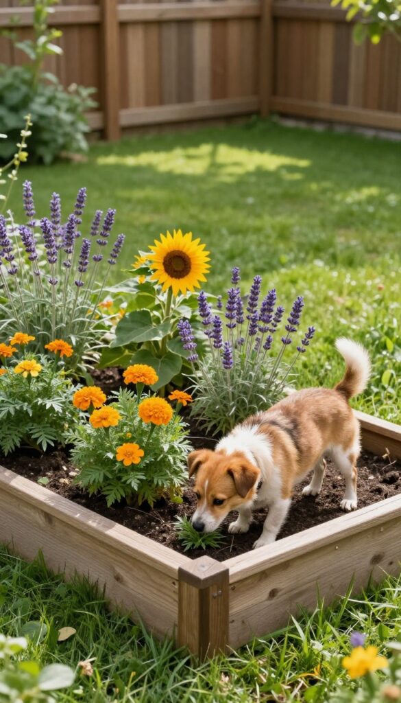 Dog sniffing dog-safe marigolds and lavender in a raised garden bed with soft sunlight