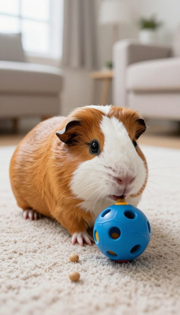 Guinea pig playing with a treat-dispensing toy on a rug