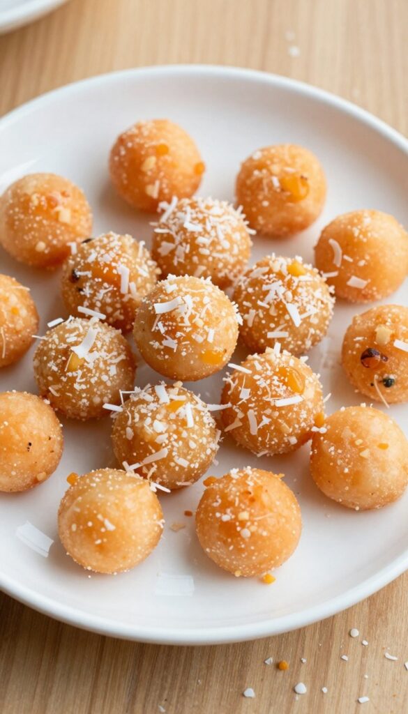Homemade no-bake cantaloupe and coconut dog treats in bite-sized balls on a white plate, with shredded coconut and cantaloupe pieces scattered around.