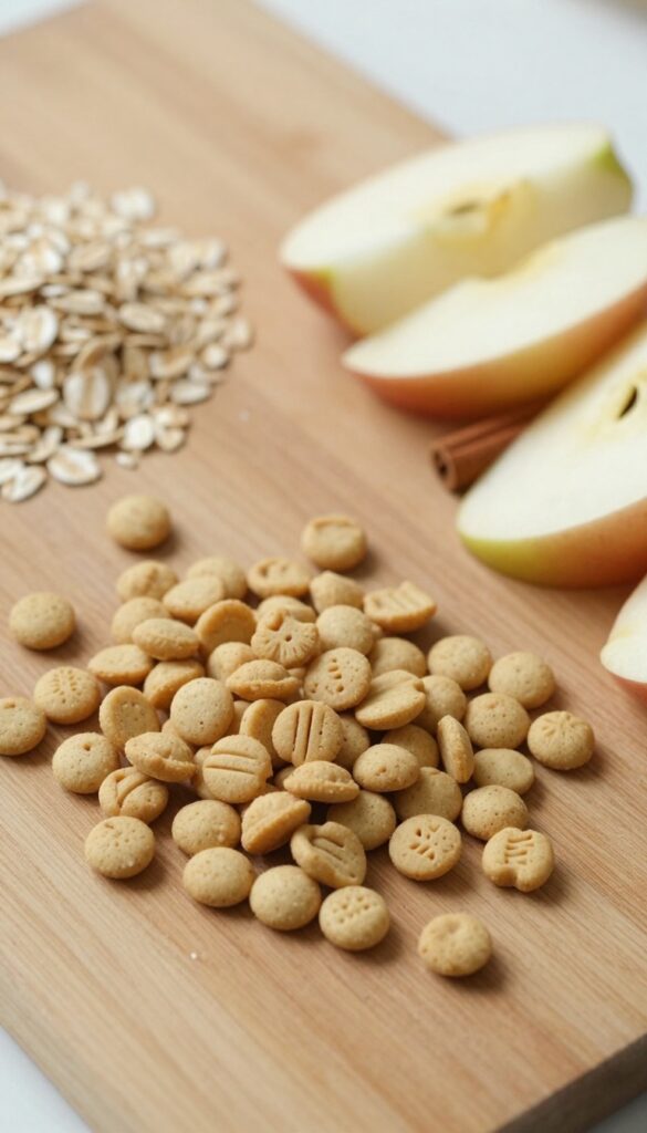 Homemade apple oat dog treats on a wooden board with oats and chopped apple nearby.