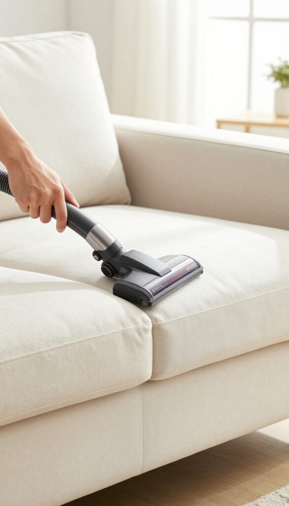Person vacuuming crevices and cushions of a sofa with a crevice tool in a bright living room