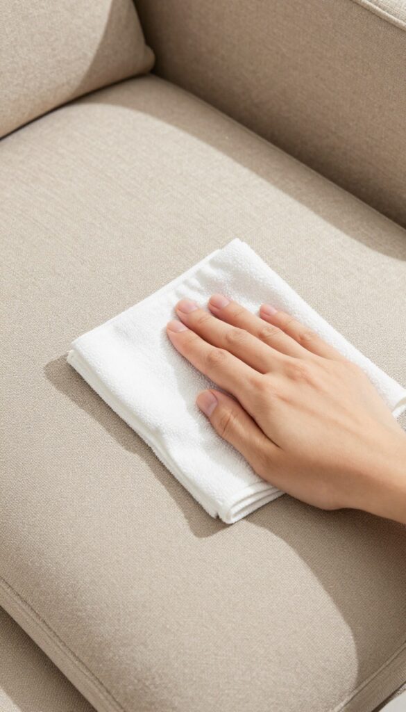 Hand wiping couch fabric with microfiber cloth