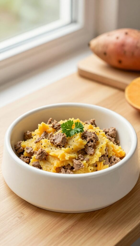Homemade rabbit and sweet potato dog food bowl on a wooden table, natural lighting, photorealistic pet food photography.
