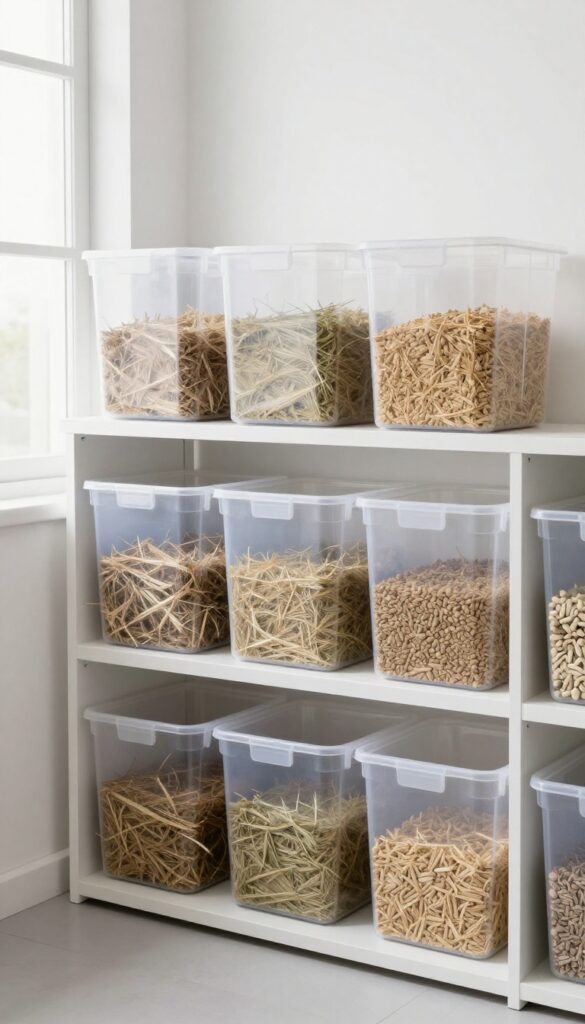 Organized clear bins on a shelf in a guinea pig room, containing hay, pellets, and bedding.