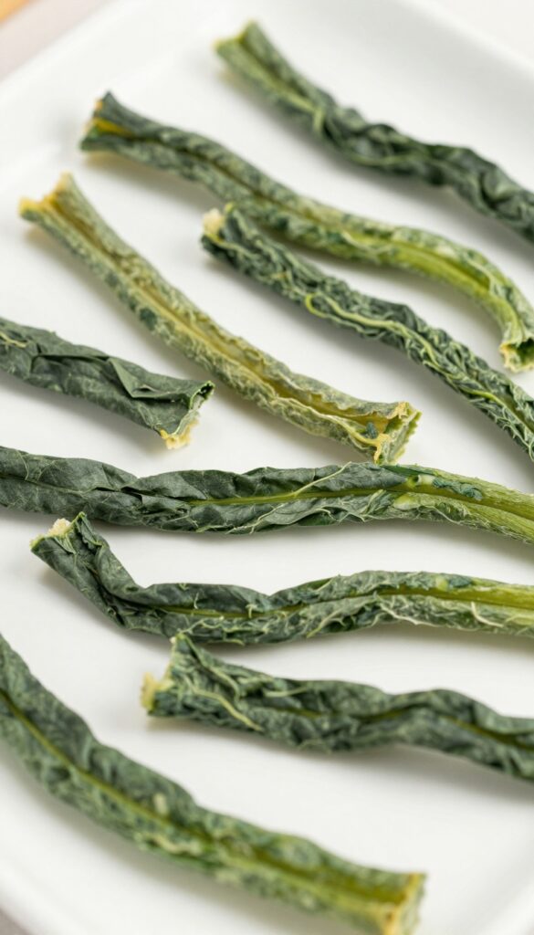 Homemade rabbit and spinach dehydrated chews for dogs, arranged on a dehydrator tray, natural lighting, photorealistic pet treat photography.