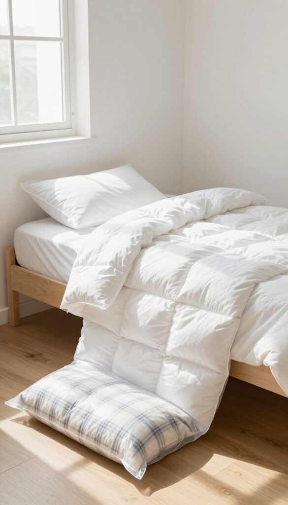Vacuum-sealed bag with compressed bedding on floor beside bed in bright bedroom
