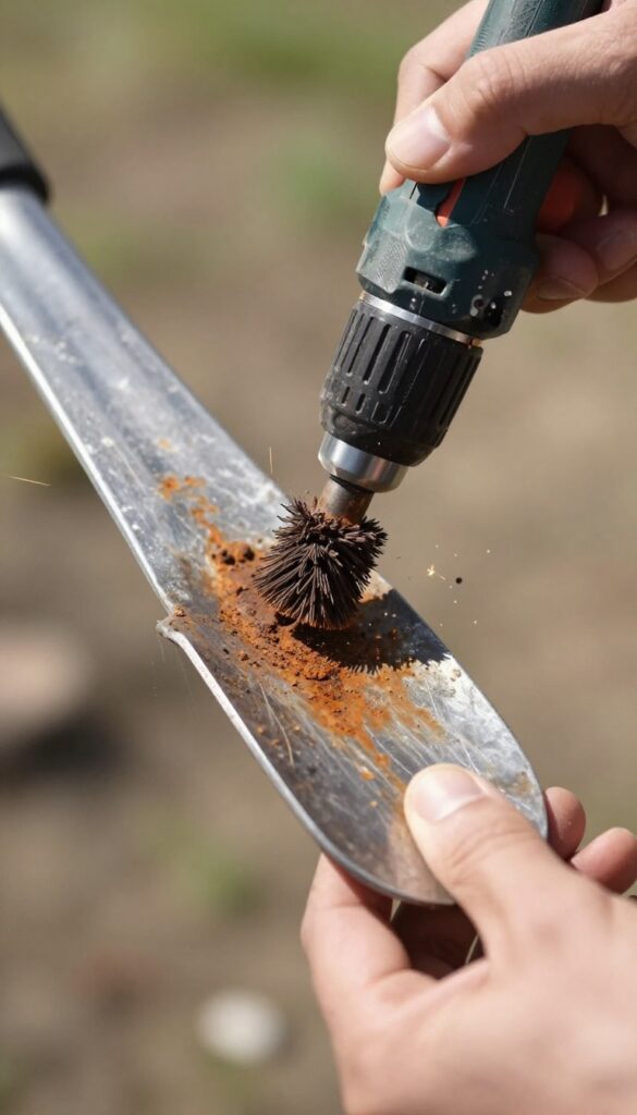 Person using a drill with wire brush attachment to remove rust from a shovel blade