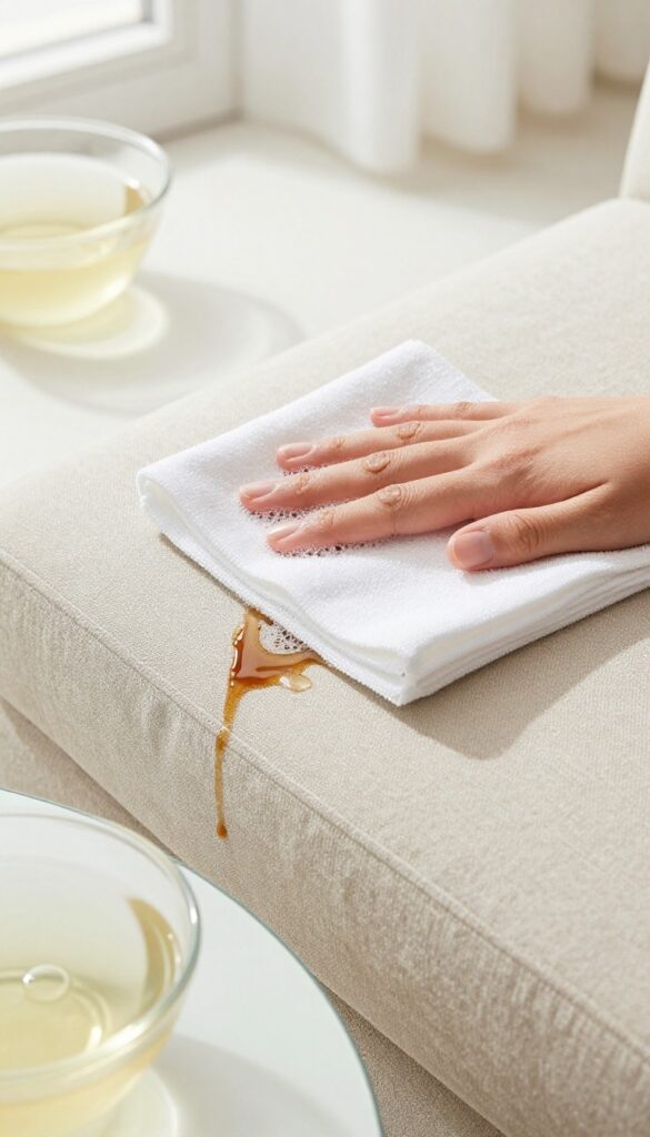 Dabbing a coffee stain on a beige microfiber sofa with a damp cloth and dish soap solution