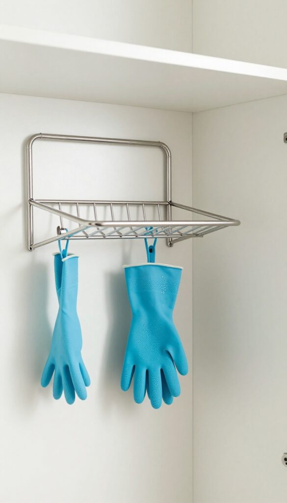 A wall-mounted folding drying rack in a cleaning closet holding a mop head and gloves, with natural light and organized shelves.